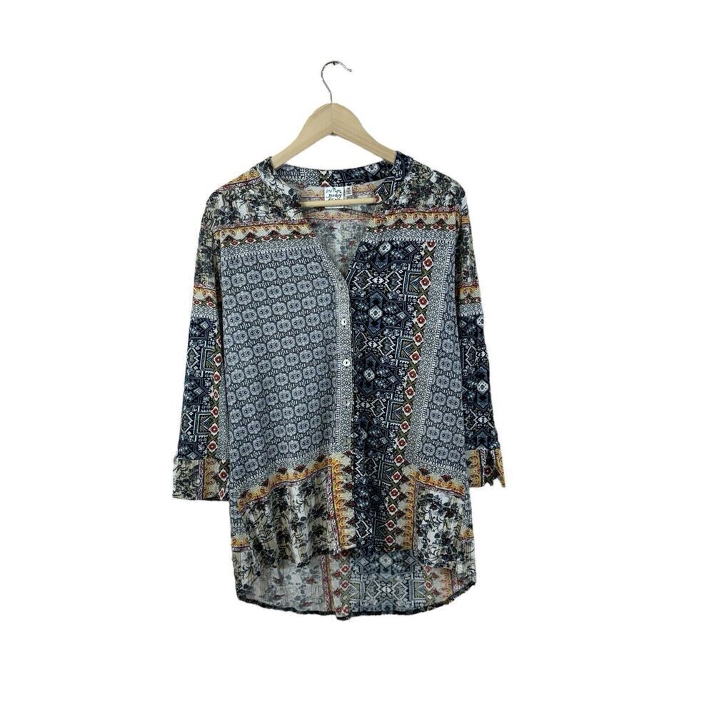 Parsley & Sage Medium Shell Button Front Tunic Top 3/4 Sleeve Boho Womens